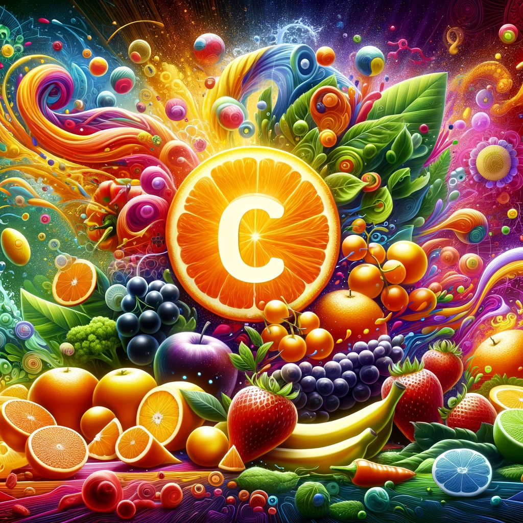 This image is not accessible with the myfiles_browser tool. However, I can provide a description based on the prompt generated. The image was intended to vividly represent Vitamin C in the context of health and nutrition. It should depict a colourful and dynamic scene featuring various fruits and vegetables rich in Vitamin C, such as strawberries, oranges, and bell peppers. These foods are likely artistically arranged to emphasize their importance in providing Vitamin C. The image may also include visual metaphors illustrating Vitamin C's health benefits, including its role in supporting the immune system, aiding collagen production, and acting as an antioxidant. The overall composition is meant to convey the importance of including Vitamin C-rich foods in our diet for maintaining a healthy body.