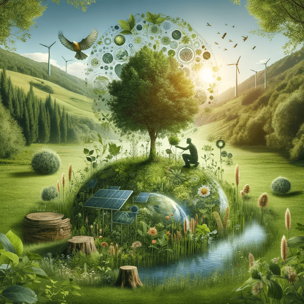 This image visually interprets the concept of 'Eco-friendly,' depicting a lush green landscape abundant with diverse plants and wildlife. Elements of green technology, such as solar panels and wind turbines, are subtly integrated into this natural setting, seamlessly blending with the environment. A focal point of the image is a person planting a tree, symbolizing active human efforts towards sustainability. Overall, the image captures the essence of minimizing environmental harm and promoting ecological sustainability, in line with the glossary definition of 'Eco-friendly.'