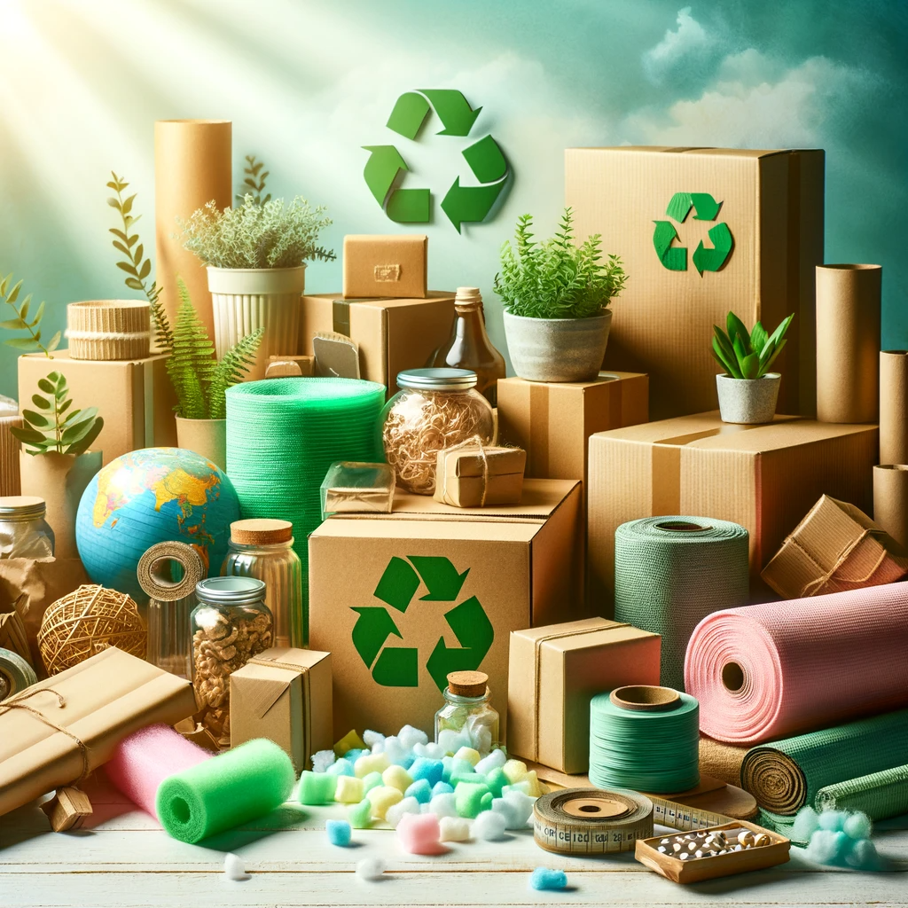 This image showcases an assortment of recyclable packaging supplies, symbolizing the term 'Recyclable Packaging.' It features eco-friendly materials such as cardboard boxes, biodegradable packing peanuts, recycled paper, and reusable fabric wraps. These items are neatly displayed in a clean, bright setting, emphasizing sustainability and recyclability. A recycling symbol is prominently featured, reinforcing the theme of environmental responsibility in packaging.