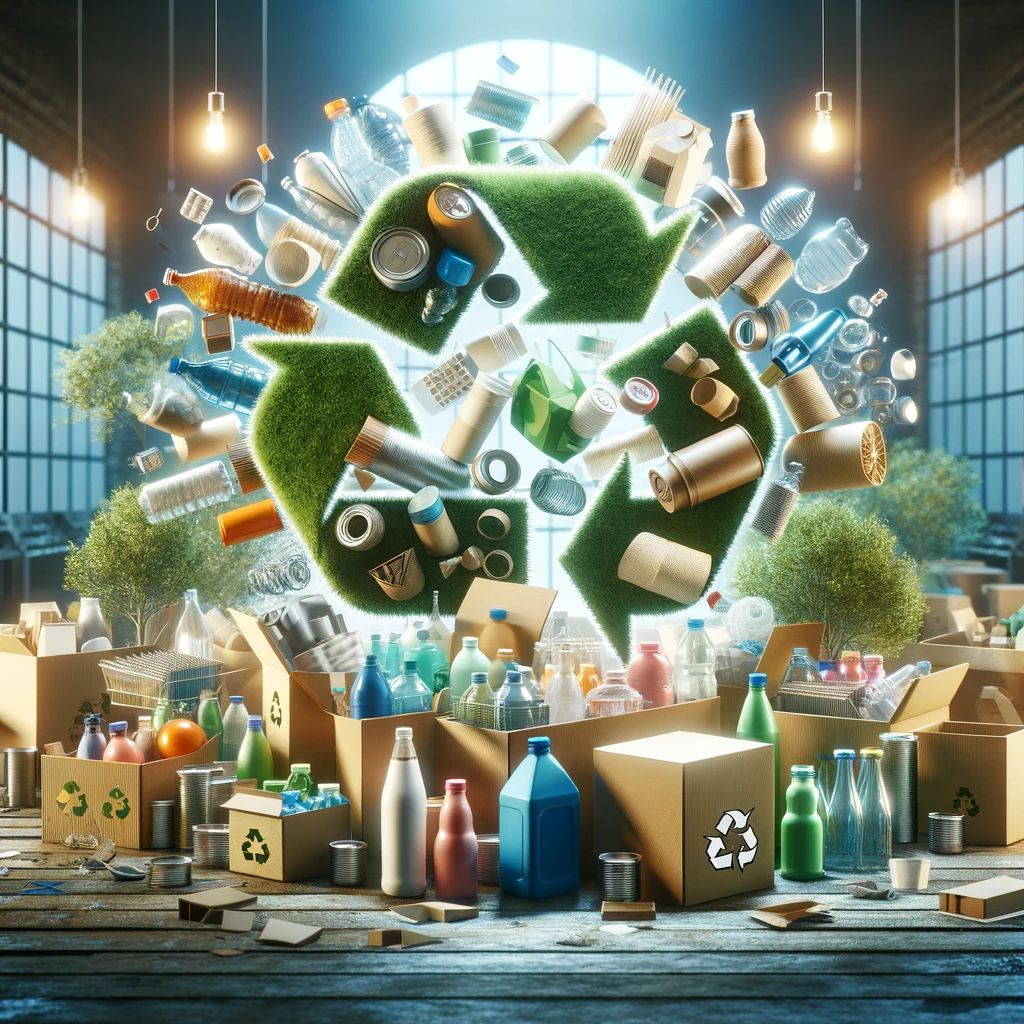 This image illustrates the concept of 'Recyclable Packaging,' featuring a variety of packaging materials like cardboard, glass, and plastic, all adorned with recycling symbols. The transformation of these materials into new products reduces waste and conserves resources. The image is set in an eco-friendly environment and focuses on the positive impact of recycling. It illustrates the importance of using recyclable packaging in all industries to minimize waste, conserve resources, and promote a circular economy. 