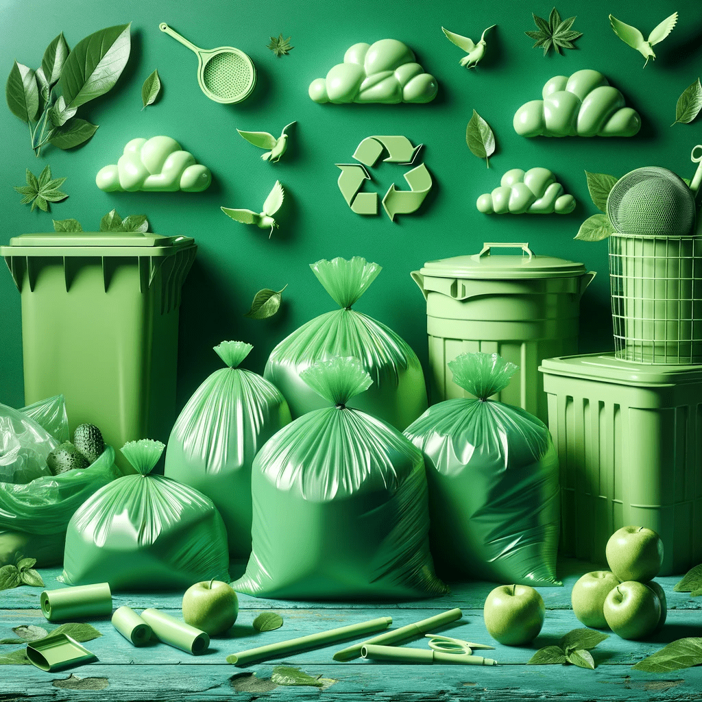 This image showcases biodegradable garbage bags, featuring an array of green-coloured bags made from eco-friendly materials like cornstarch or plant-based plastics. The bags are displayed in a clean, environmentally responsible setting, possibly alongside bins for organic waste. This scene emphasizes the importance of sustainable waste management and the role of biodegradable materials in reducing environmental impact. The image effectively captures the concept of biodegradability and environmental consciousness without any text or words.