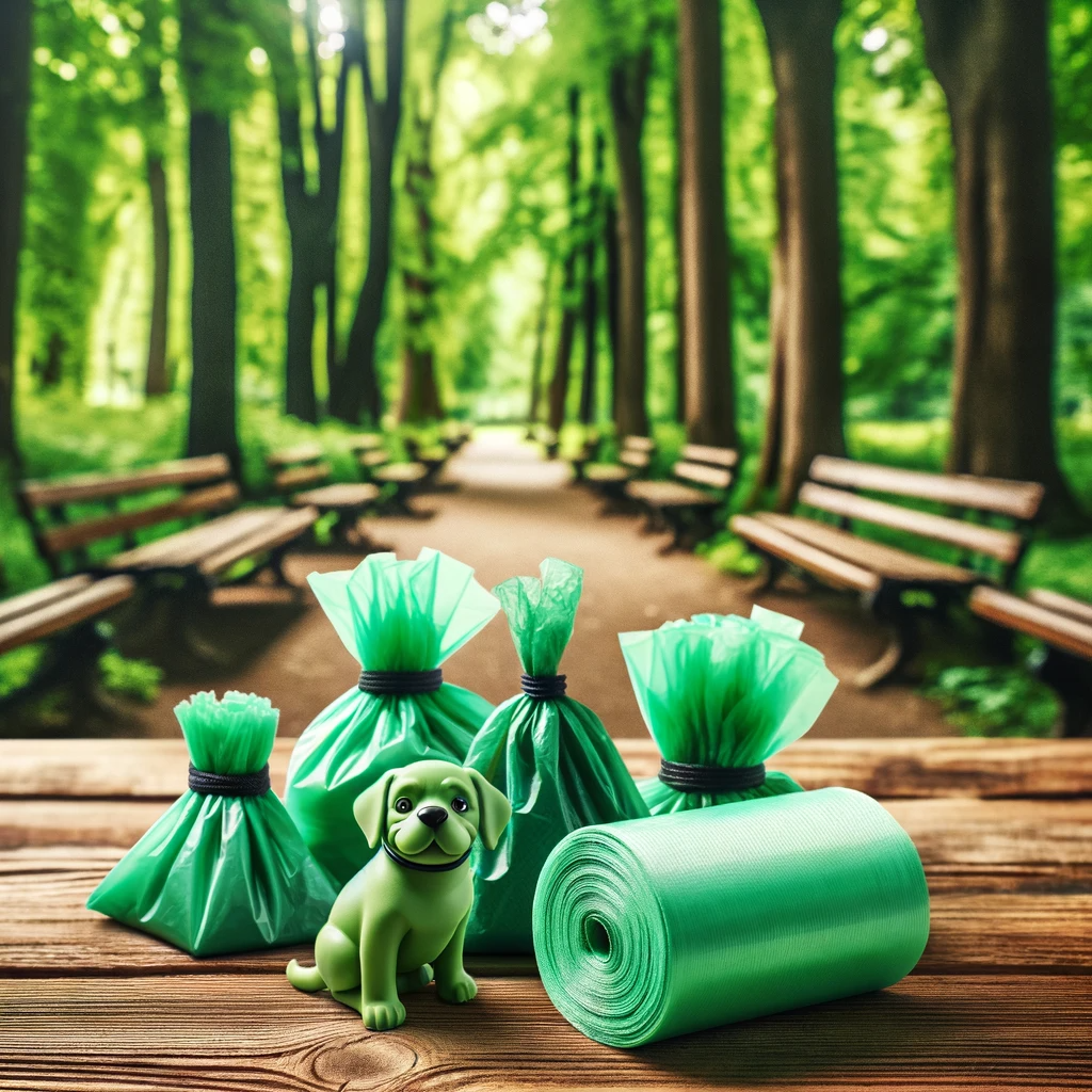 This image displays biodegradable poop bags for dogs, illustrating an eco-conscious pet care solution. The bags are green-coloured, explicitly designed for dog waste, and made from biodegradable materials. They are shown in a natural park setting, underscoring their role in keeping outdoor areas clean and environmentally friendly during dog walks. This scene captures the commitment to sustainability in pet care, highlighting the importance of using biodegradable products to maintain environmental responsibility.