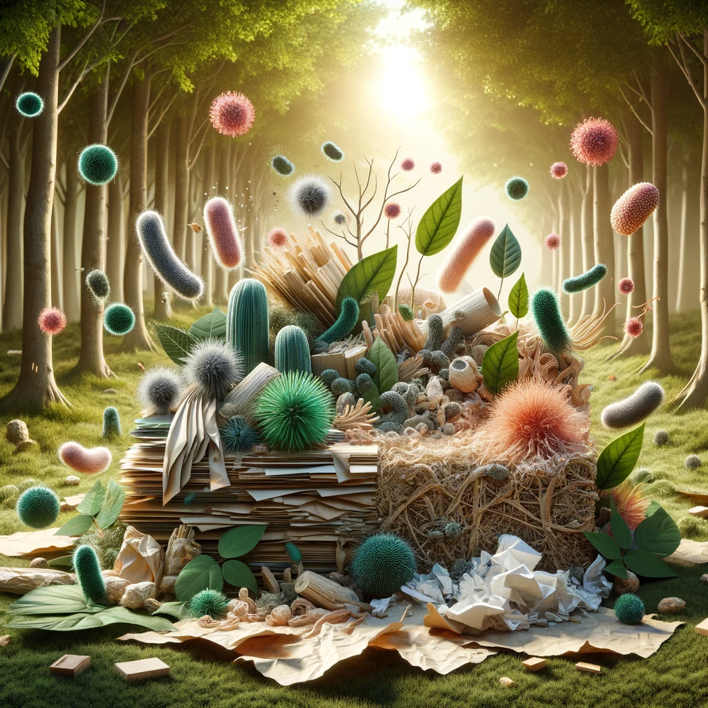 This image shows biodegradable materials like leaves, paper and natural fibres decomposed by microorganisms such as bacteria and fungi. These microorganisms are artistically portrayed, actively breaking down the materials into natural elements. The scene highlights biodegradation and its role in reducing waste and environmental impact. Set in a serene natural setting, the image underscores the importance of biodegradable substances, especially in fields like skincare, for minimizing waste, pollution, and long-term environmental harm.