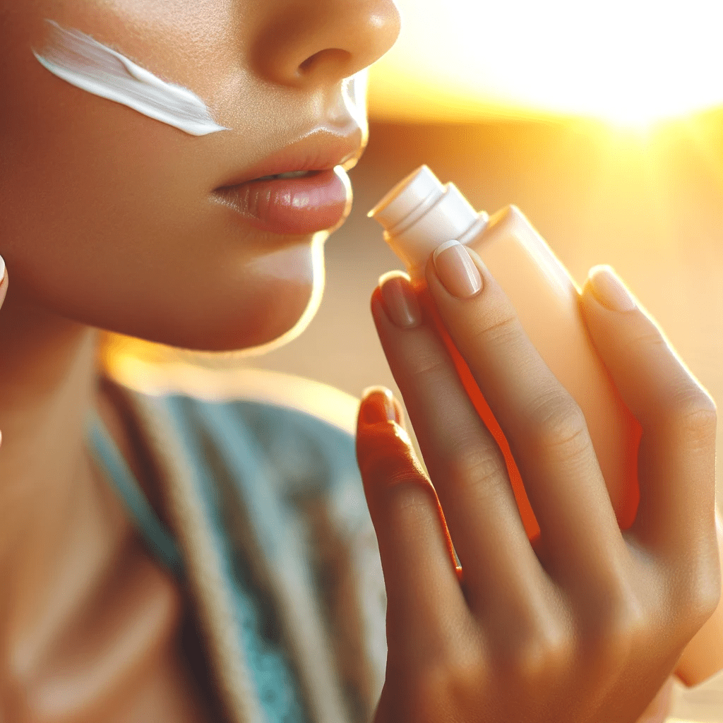 Close-up of a person applying facial sunscreen outdoors with a bright, sunlit background, highlighting the importance of sun protection.