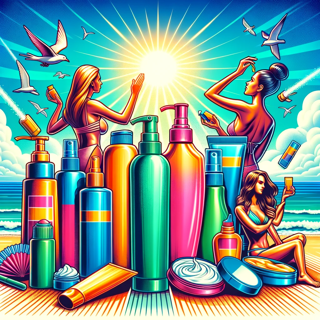 The image representing the term 'Sunscreen' shows diverse sunscreen products like lotions, sprays, and sticks, with people of various ages applying them on a sunny beach.