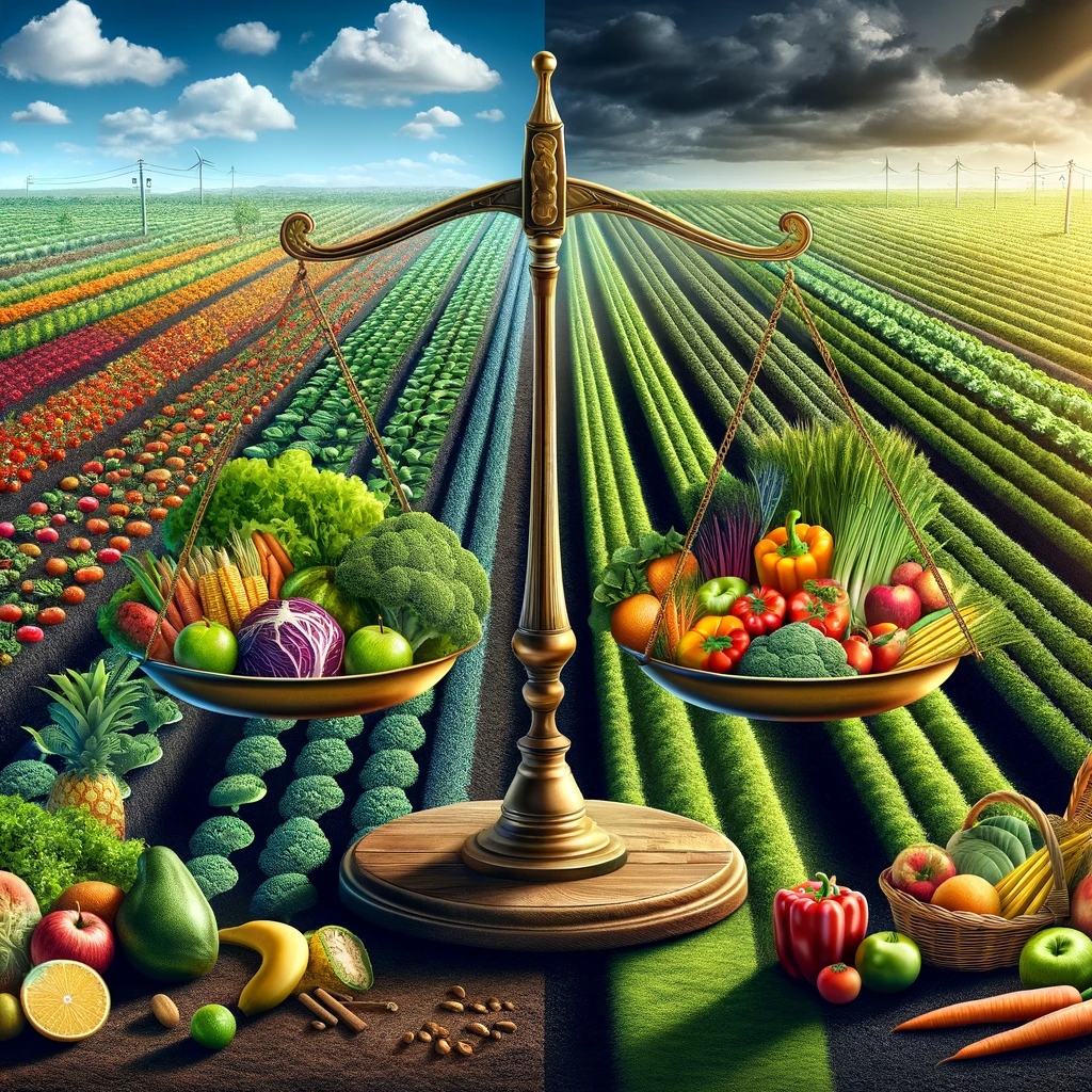 The image presented a well-balanced representation of the ongoing debate on the health advantages of organic versus conventional foods. The left side of the image features a lush, vibrant organic farm with diverse crops flourishing under a clear, sunny sky, symbolizing the natural approach of organic agriculture. On the right, a conventional farm is depicted with various crops under a partly cloudy sky, illustrating traditional farming methods. Central to the image is a table laden with different organic and conventional produce, all appearing fresh and nutritious. The scene captures the essence of the debate by juxtaposing the two farming methods, highlighting their differences and similarities in the context of health and nutrition.