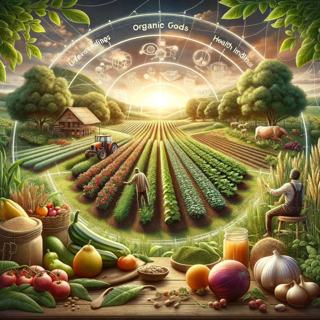 This image visually represents the concept of 'Understanding Organic Foods' regarding guidelines and health implications. It depicts organic farming practices and emphasizes the use of natural methods. The scene includes a variety of organic crops thriving in a field, symbolizing the absence of synthetic chemicals and GMOs. In the foreground are signs and labels indicating the strict organic certification standards these crops meet. The image captures the essence of environmentally friendly farming practices, illustrating how these methods contribute to producing organic foods and their potential health benefits.