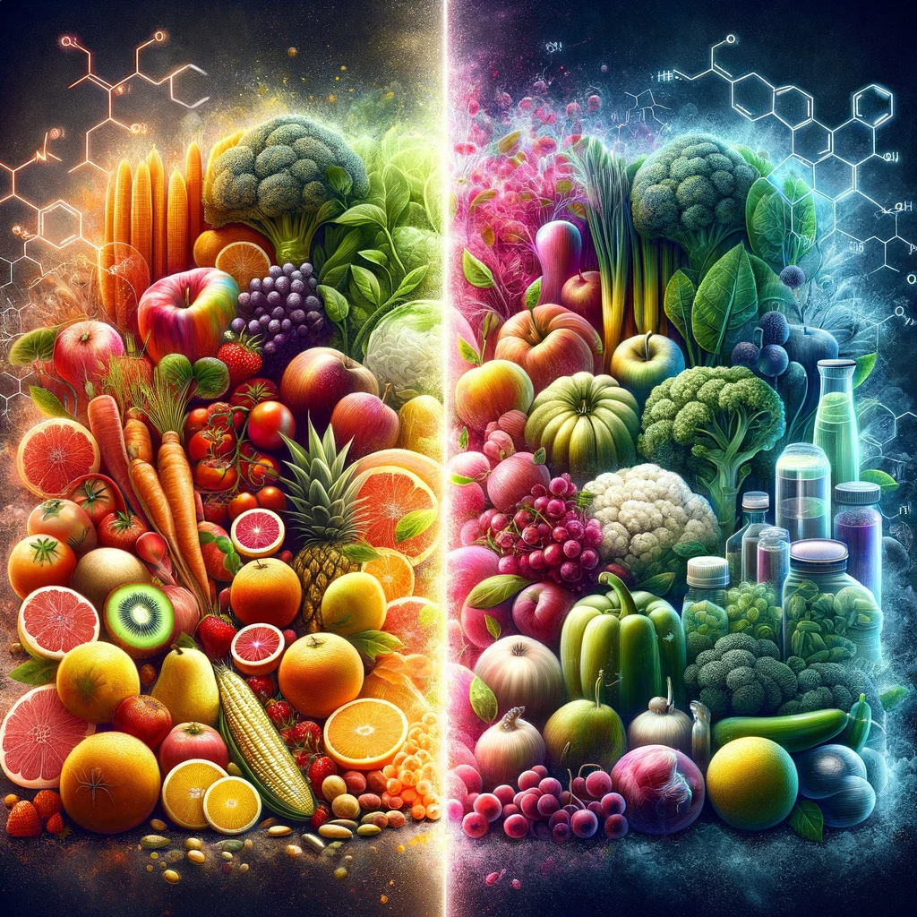 This image provides a visual representation comparing the nutritional content of organic and conventional foods, focusing on their nutrient levels and the presence of additives or pesticides. It illustrates two distinct sections: one displaying organic foods, characterized by their natural, chemical-free growth process, and the other showing conventional foods, which may include pesticides and additives. Nutritional labels or charts are integrated into the image, comparing both food types' nutrient density and composition. The overall depiction aims to convey the critical differences in nutritional value and safety between organic and conventional foods.