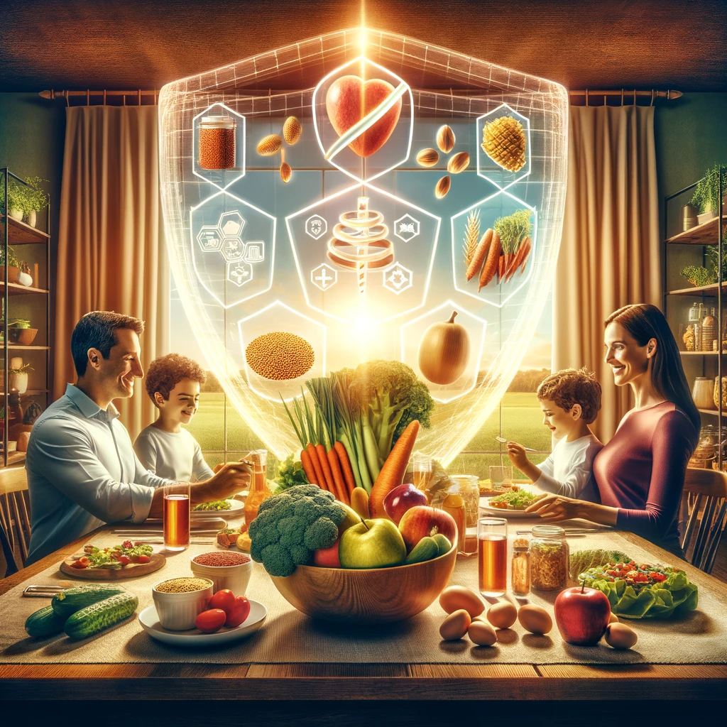 This image visualizes consumer health and safety in relation to organic foods, emphasizing disease prevention and safety standards and regulations. It likely includes imagery of organic food products, possibly with labels or certifications indicating health and safety standards compliance. The scene might also feature consumers choosing or consuming organic foods, symbolizing awareness and concern for health and safety. Elements such as icons or infographics could be present to illustrate critical points about disease prevention and the strict regulations governing organic food production. Overall, the image aims to convey the importance of organic foods in promoting consumer health and ensuring adherence to high safety standards.