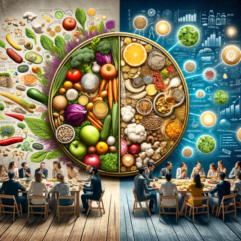 This image is a creative representation titled "The Other Side of the Coin," which debunks myths about organic foods and explores market trends and consumer perceptions. It likely portrays a juxtaposition of common misconceptions versus facts about organic foods through symbolic and realistic imagery. The scene might include consumers interacting with organic products in various settings like markets or kitchens, alongside elements such as thought bubbles or infographics that challenge or clarify myths. The representation aims to shed light on the reality of organic food production and consumption, contrasting popular beliefs with factual information to provide a holistic understanding.