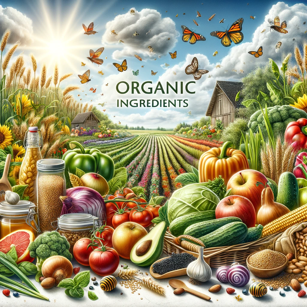 An artistic depiction of organic ingredients showcasing a variety of fresh, vibrant produce such as fruits, vegetables, and grains. These are displayed against a backdrop of a lush organic farm, illustrating strict adherence to organic farming standards. The scene includes elements of biodiversity like bees and butterflies, emphasizing a commitment to environmental health and sustainable agriculture.