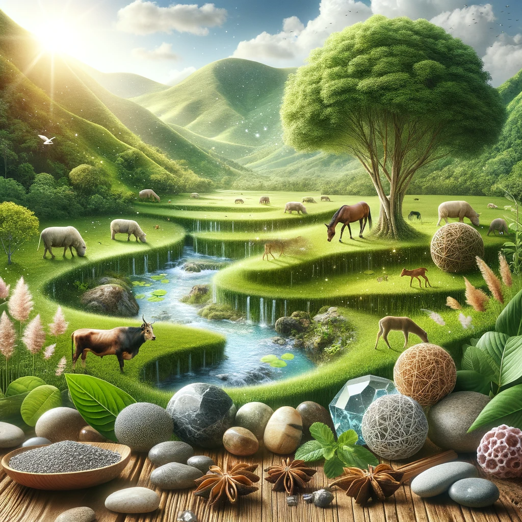 Image illustrating 'Natural Ingredients': A serene and harmonious landscape with lush greenery, diverse plants and a clear, pure stream. Peaceful animals graze in the background, and clusters of minerals are subtly embedded in the earth, symbolizing the unaltered, organic state of natural ingredients sourced from nature.