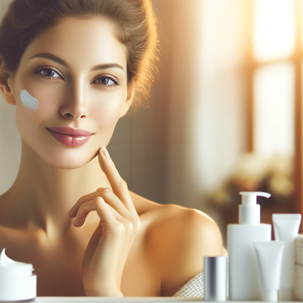 A woman in a calm, well-lit bathroom applying facial cream. She exudes serenity with a soft glow on her face, symbolizing the concept of skincare. Her skin looks radiant, smooth, and healthy, highlighting the importance of maintaining and improving skin health. Various skincare products are neatly arranged around her, representing a range of skincare methods and products.