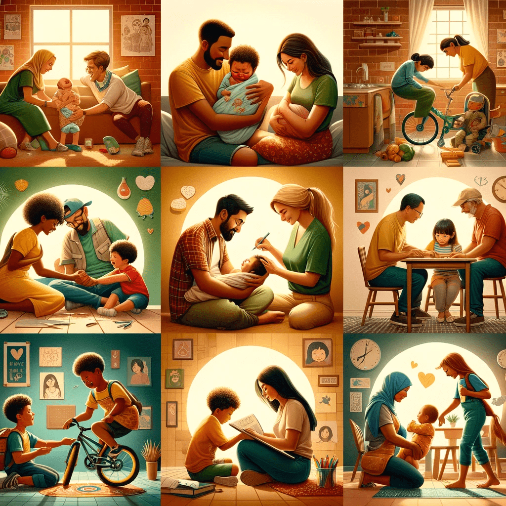 A vibrant illustration representing the concept of parenting showcasing a diverse group of parents from various cultures and backgrounds. The image features adults engaged in different nurturing and educational activities with children. These include comforting a crying infant, teaching a child to ride a bike, assisting with schoolwork, and preparing a meal together. The parents are depicted as loving, patient, and supportive, each displaying a unique approach to parenting that reflects their cultural heritage. The setting blends elements of home, outdoor, and educational environments, symbolizing the multifaceted nature of a child's life. The scene is warm, positive, and inclusive, emphasizing the universal aspects of parenting while celebrating its diversity.