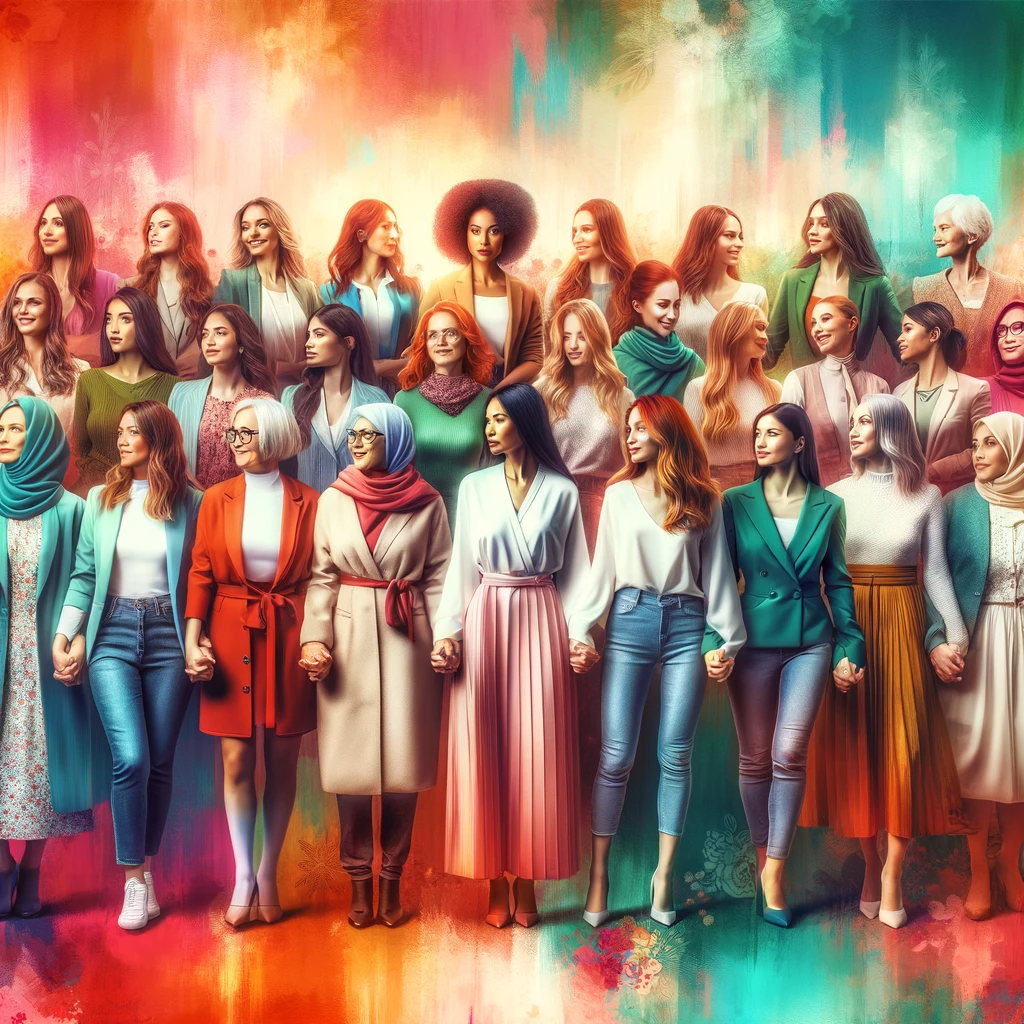 An illustration for International Women's Day shows a diverse group of women standing together, symbolizing unity and strength. The women, varying in ages and ethnicities, are dressed in a mix of traditional and professional attire, each representing their unique identities and achievements. They are connected by holding hands or linking arms, expressing solidarity. The background features vibrant colours, enhancing the celebratory and diverse atmosphere. This image radiates empowerment, achievement, and a collective call for gender equality, encapsulating the spirit of International Women's Day.