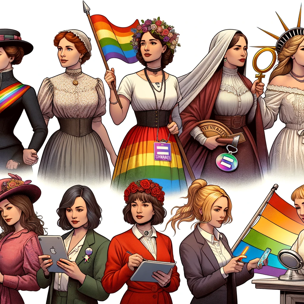 This image depicts a diverse group of women representing different eras of the feminist movement. On the left, a woman in late 19th-century attire holds a suffrage banner, symbolizing the first wave of feminism. Next to her, a woman dressed in 1960s or 1970s fashion represents the second wave, with elements in the background hinting at workplace equality and reproductive rights. The third wave is embodied by a woman from the 1990s, indicating Diversity and inclusion, with a subtle rainbow symbol for LGBTQ+ support. On the right, a modern woman uses digital devices like a smartphone or tablet, illustrating the digital age empowerment and online activism of the fourth wave. This image visually encapsulates the evolution and spirit of the feminist movement, aligning with the theme of the blog post "Feminist Movement Breakthroughs: Shaping a New Era of Equality."