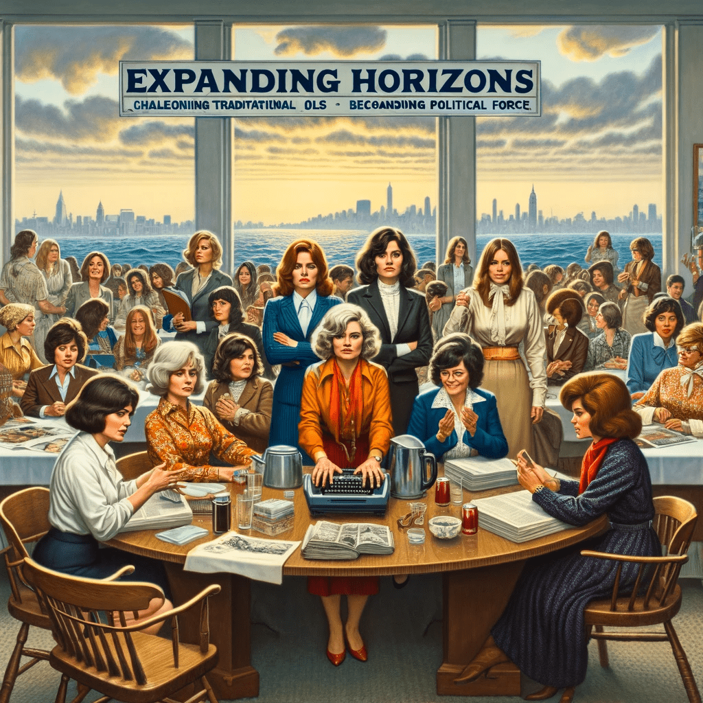 This image represents the Second Wave of the Feminist Movement, capturing its 'Expanding Horizons' theme. It features diverse women from the 1960s and 1970s, symbolizing their challenge to traditional roles and growing political influence. The women are depicted in a mix of professional and casual attire characteristic of the era, engaged in active discussions and holding signs. The setting blends domestic, workplace, and public spaces, reflecting the broadening scope of women's societal roles. The overall tone of the image conveys empowerment, assertiveness, and the significant shift towards gender equality.