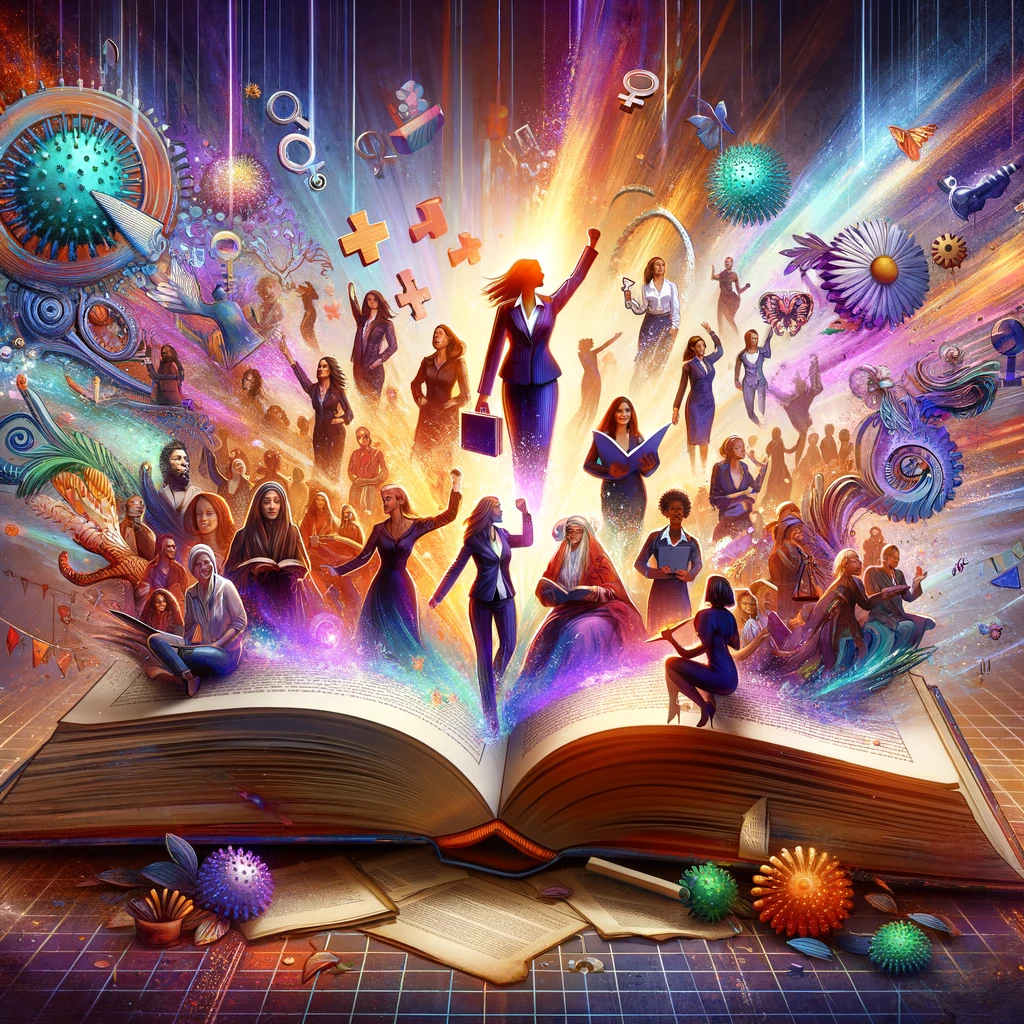 A vibrant and dynamic image encapsulating the concept of feminism is depicted as a burst of energy and activity emerging from an open book. The scene illustrates the core aspects of feminism, featuring diverse figures of various genders engaging in empowering actions. These figures symbolize the advocacy for gender equality in social, political, and economic domains. The imagery is rich with representations of women's empowerment, showcasing figures in professional and educational settings that challenge gender stereotypes and cultural inequalities. The overall tone of the image is positive, empowering, and inclusive, reflecting the diverse movements and ideologies that form the foundation of feminism.