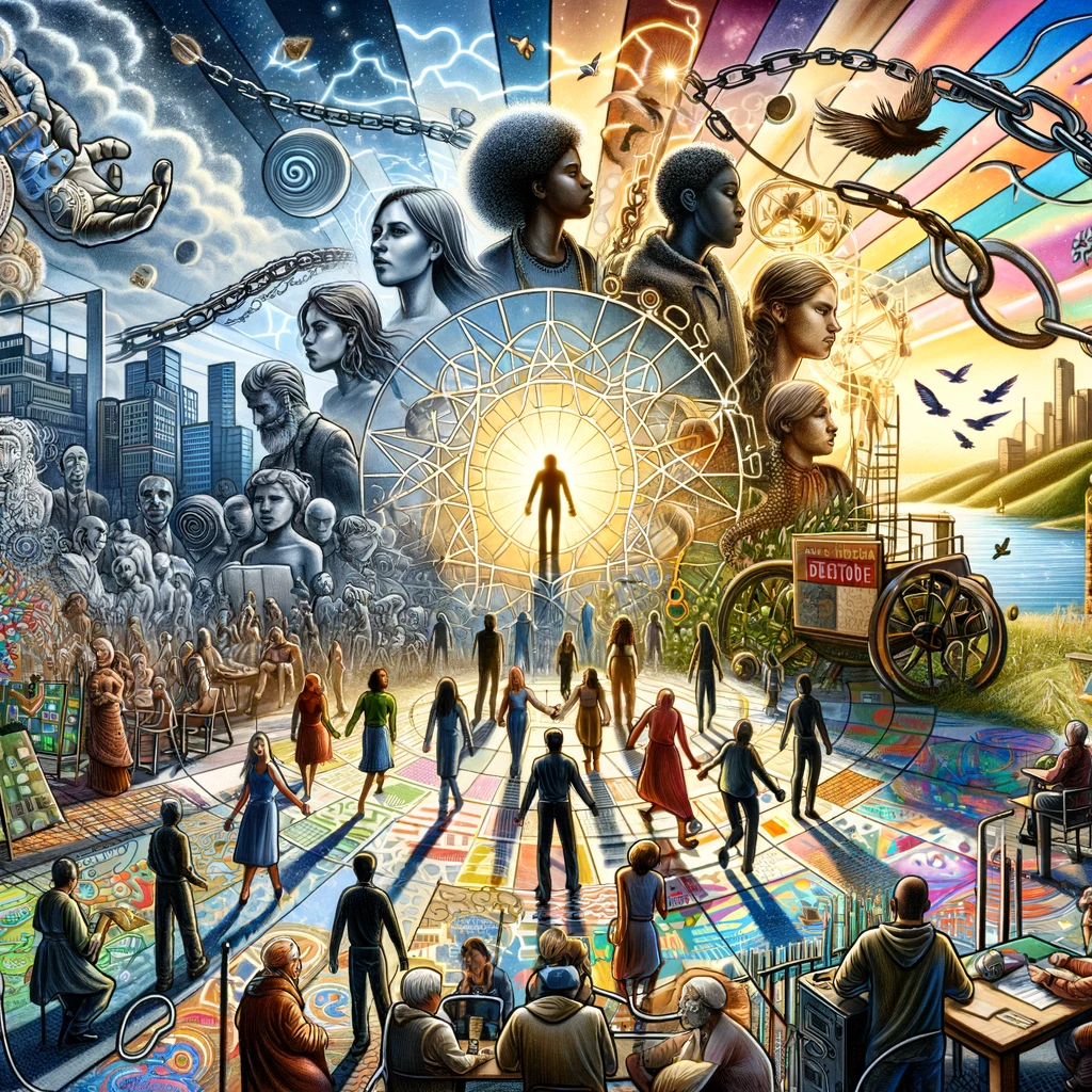 Artistic representation of Intersectionality, depicting a diverse group of individuals with varying races, genders, and backgrounds, symbolically overlapping and intertwining to illustrate the interconnected nature of social identities and experiences.