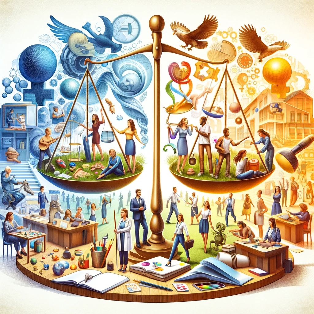 Artistic representation of 'Gender Equality' showing individuals of various genders participating equally in diverse activities, ranging from professional work to artistic endeavours. The scene is a harmonious blend of environments, symbolizing balanced and inclusive engagement across all sectors of society.