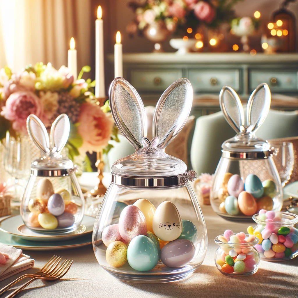 Charming image of egg-shaped glass jars with bunny ears, ideal for unique hosting gifts or serving vessels for adults, reflecting innovative 'Easter Gift Ideas' as highlighted in the blog post 'Why Mom Was Right About Easter Gift Ideas And Celebration.'