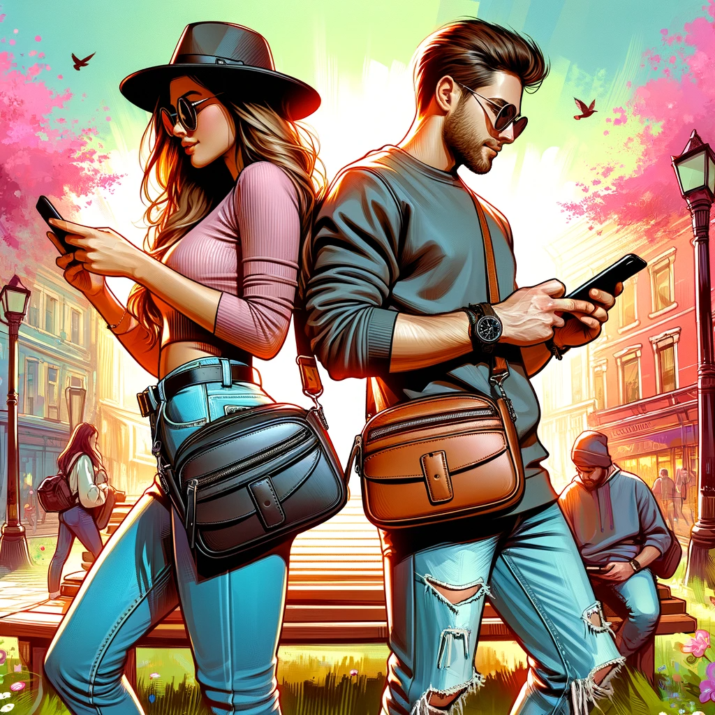 An image depicting a stylish couple, each wearing a Small Sling Bag Crossbody Leather Fanny Pack, in an urban setting. The scene illustrates the practicality and fashion-forward design of the bags, ideal as Easter Gift Ideas for Adults. The couple appears relaxed and fashionable, engaging in a stroll, with the bags prominently displayed, highlighting their functionality and modern aesthetic. The setting includes subtle elements of spring, aligning with the Easter theme.