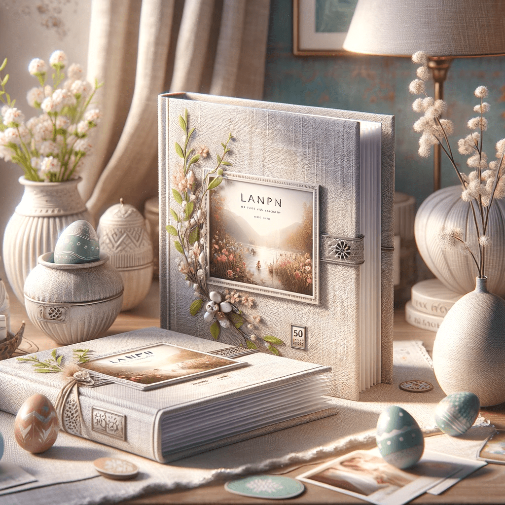 An image featuring two Lanpn Photo Albums with natural linen covers and silver stamping, set in a tastefully decorated room. The albums, each capable of holding 50 4x6 pictures, are placed on a surface alongside elegant decor like a vase of spring flowers, symbolizing sophisticated Easter Gift Ideas for Adults. The setting exudes a serene and refined ambiance, perfect for preserving cherished memories, aligning with the theme of Easter gifts for adults.