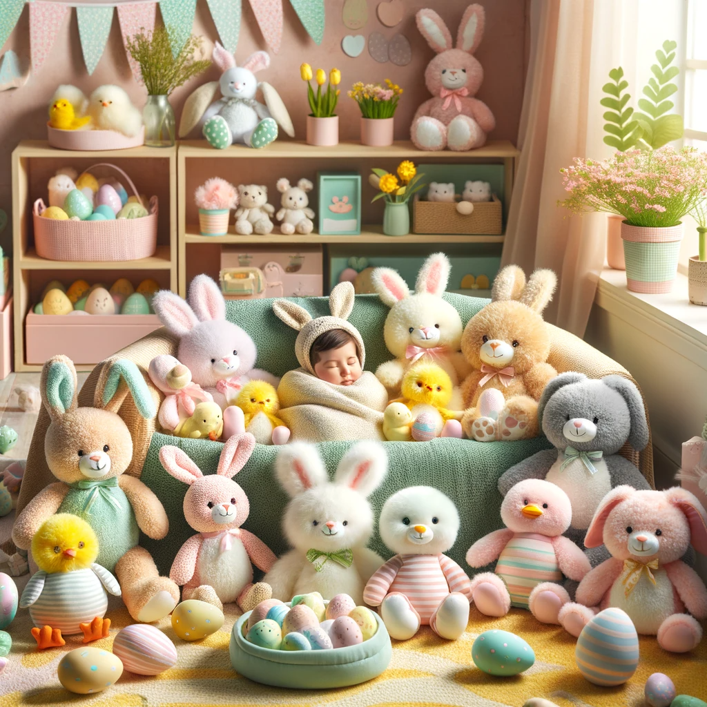 An image filled with various soft plush Easter baby toys showcasing them as an ideal Easter gift. The toys, including bunnies, chicks, and other Easter-themed animals, are fluffy, colourful, and set in a child-friendly environment with pastel Easter eggs and spring flowers. The toys are arranged playfully, emphasizing their softness and cuddliness, making them perfect companions for babies. This setting aligns with Easter gift ideas for babies, highlighting warmth, safety, and joy.