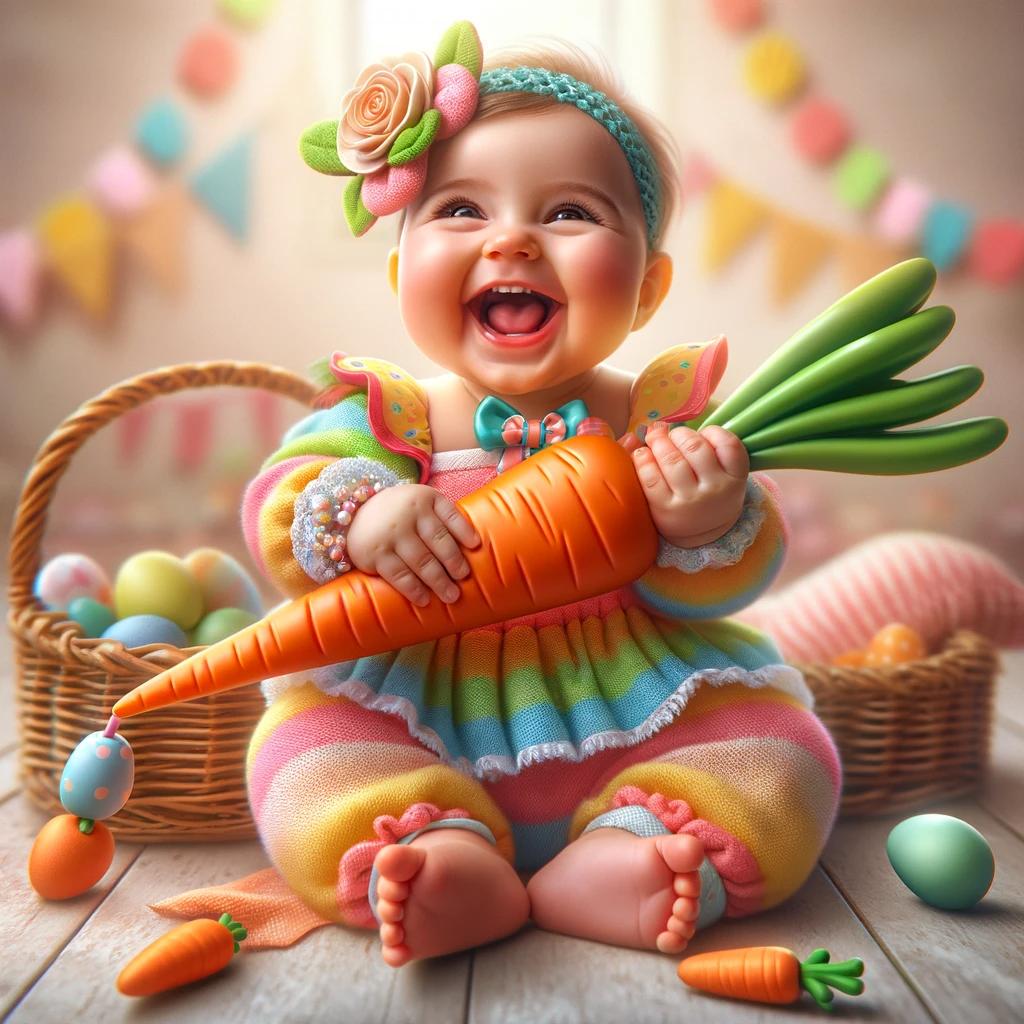 A cheerful baby dressed in vibrant Easter-themed clothes joyfully engages with a Carrot Teether Toy. The baby's expression is one of delight and curiosity as they explore the toy. The lively image encapsulates Easter's essence, making it a perfect representation of 'Easter Gift Ideas for babies.'