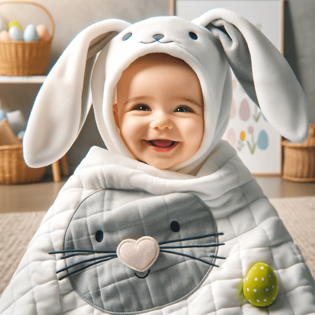 An image showcasing 'Easter Gift Ideas for babies' with a cheerful baby wearing a bunny security blanket. The blanket features a creatively designed bunny head, symbolizing infant comfort and soothing. The baby appears happy and content, embodying the essence of a perfect Easter gift for young children.