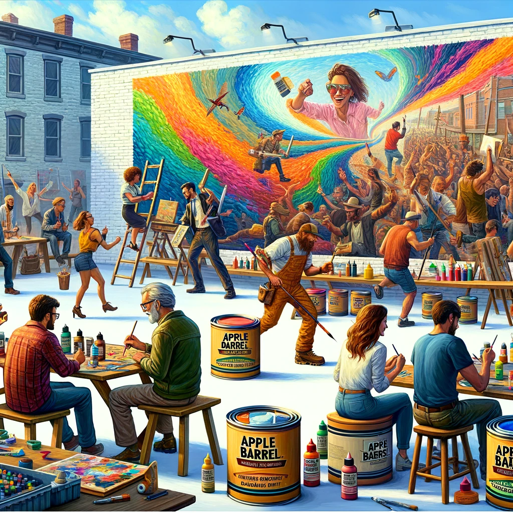 A dynamic scene showcasing the versatility of Apple Barrel Acrylic Paint, as Alex meets with various artists. The image vividly depicts a muralist painting a colourful outdoor mural, demonstrating the paint's endurance against elements, and a hobbyist working on a craft project, emphasizing the quick-drying nature of the paint. Each artist in the scene displays a unique style, all unified by using the vibrant Apple Barrel Acrylic Paints. This visual aligns with the blog post 'Vibrant Creations: A Day in the Life with Apple Barrel Acrylic Paint,' highlighting the wide-ranging applications and quality of Apple Barrel Acrylic Paint.