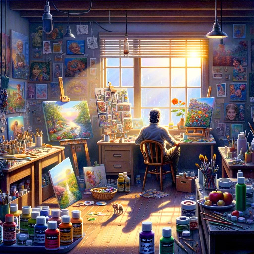 A serene artist, Alex, reflects while seated in his peaceful art studio, winding down.