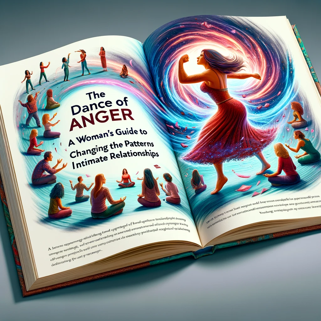 An image representing the blog post 'Beyond the Flames: Powerful Strategies for Anger Management,' featuring an open book with 3D scenes symbolizing 'The Dance of Anger: A Woman's Guide to Changing the Patterns of Intimate Relationships.' On the left page, a woman in a dynamic dance pose embodies anger as a signal and force for change, surrounded by swirling colours and light. The right page shows diverse groups of women and men in reflective and supportive poses, illustrating the journey of using anger positively. The image captures the essence of transforming anger into a constructive and empowering tool for personal and relational change.