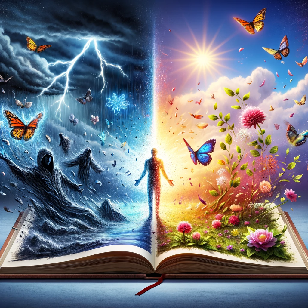 The image showcases an open book, its pages vividly transforming into a scene that encapsulates the journey from chaos to fulfillment, mirroring the essence of the blog post "Chaos to Fulfillment: Master Your Emotions Now!" One side of the book displays a dark, stormy landscape, symbolizing the turmoil of uncontrolled emotions. In contrast, the other page morphs into a serene, sunny setting, representing the tranquillity and clarity achieved through mastering emotions and developing emotional intelligence. A figure is depicted in the center, transitioning from a shadowy, subdued form to a radiant, colourful being, embodying personal growth and mastery over emotions. This artistic interpretation vividly brings to life the concepts of emotional transformation and intelligence discussed in the blog post.