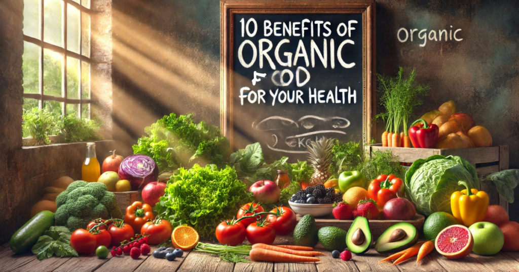 Benefits of Organic Food: Fresh organic fruits and vegetables arranged on a rustic table."