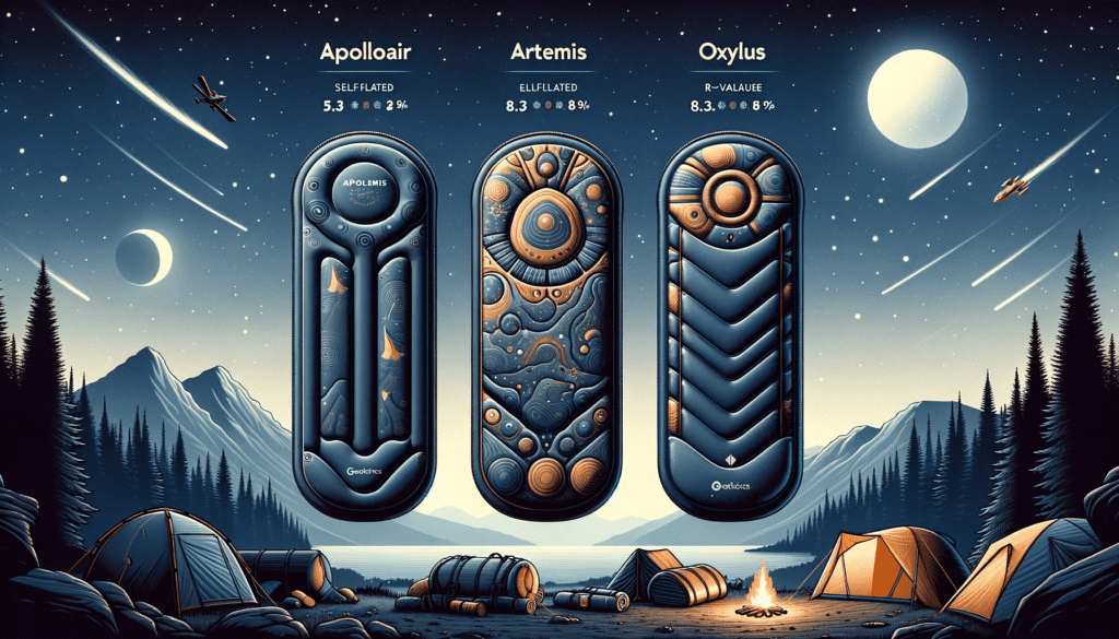 Visual depiction of three Gear Doctors self-inflating camping pads in an outdoor setting. The Apollo Air mattress, an ultralight 17oz camping sleeping pad, is prominently featured alongside the Artemis and Oxylus models. Each Apollo Air ultralight 17oz camping sleeping pad is uniquely designed, showcasing its sleek and minimalistic design, embodying the concept of 'Sleep Like A Baby!' as mentioned in the related blog post. The serene camping background includes a tent, campfire, and starry night sky, highlighting the adventure and comfort these camping pads provide.