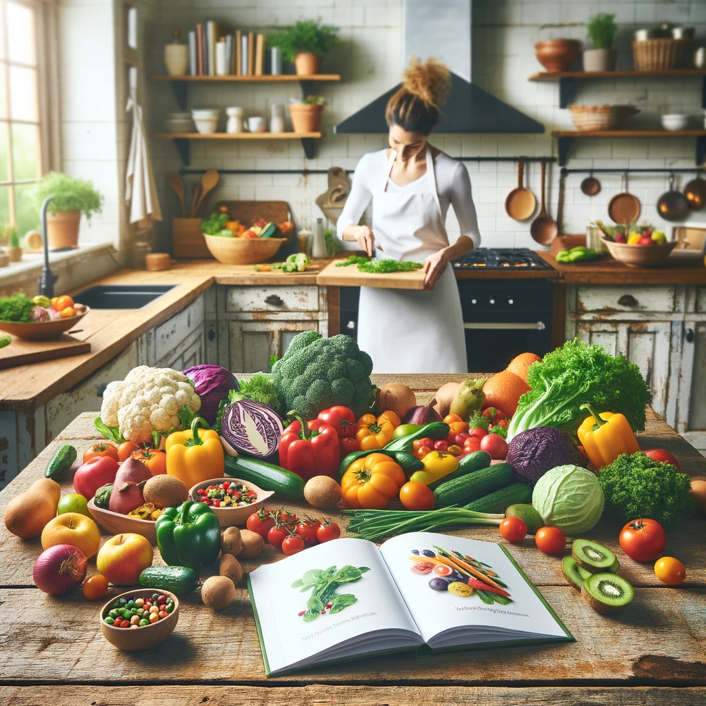 An energetic kitchen scene representing the concept of 'optimal health' from 'How To Develop Your Mind-Body To Optimal Health Now!'. The image features a variety of colourful fruits and vegetables on a rustic wooden table, symbolizing nourishment and vitality. In the background, a joyful cook in a white apron is preparing a healthy meal, embodying the idea of cultivating a positive mindset through wholesome food and cooking.