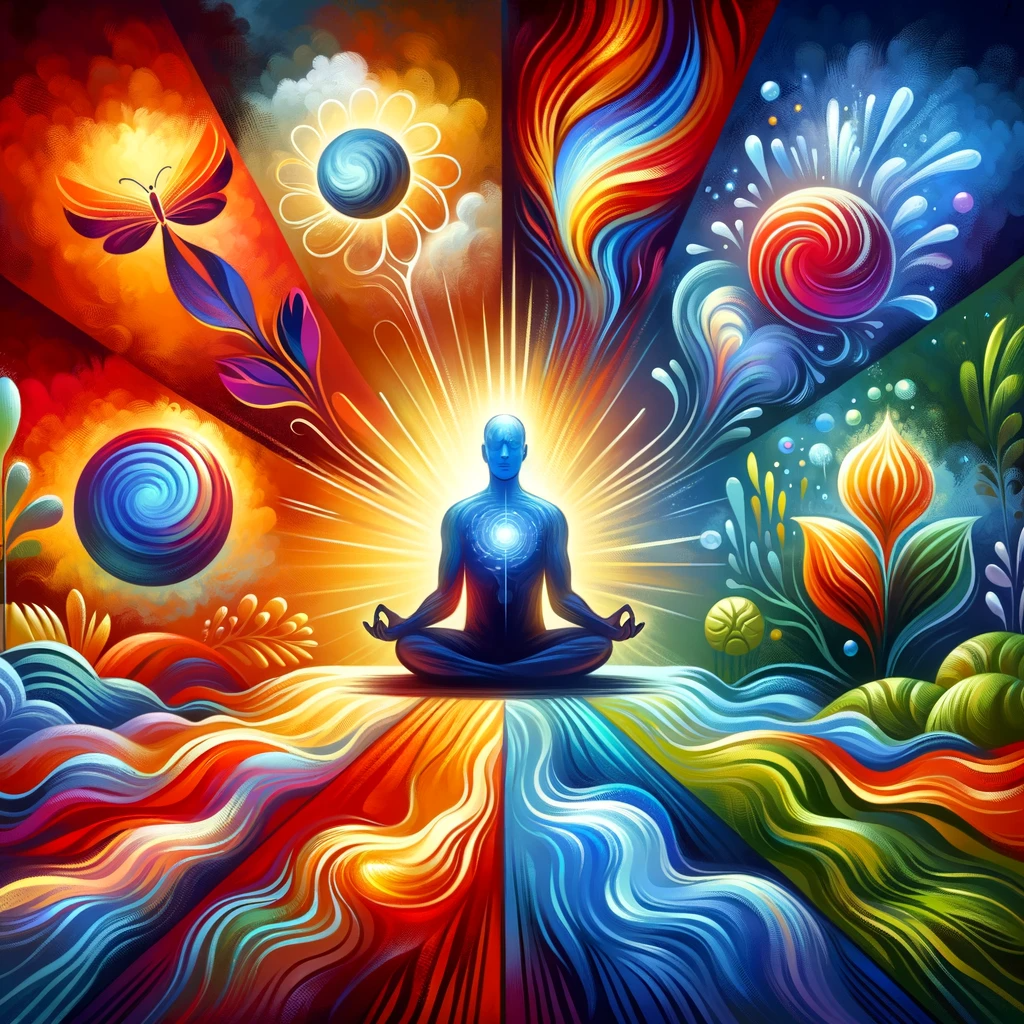 This image captures the essence of the book 'Master Your Emotions: A Practical Guide to Overcome Negativity and Better Manage Your Feelings.' It features a central figure in a meditative pose, exuding calm and balance. Surrounding the figure are abstract elements symbolizing various emotions: calm blue waves represent serenity, fiery red swirls signify passion, and soothing green leaves indicate growth. The backdrop is a serene natural setting, embodying the tranquillity and inner peace achievable through emotional mastery.