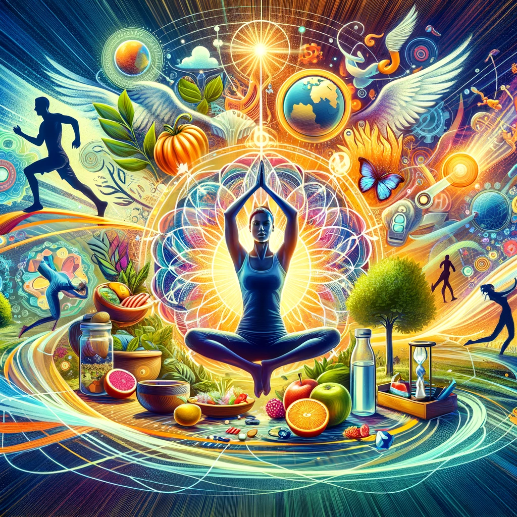 This image embodies the theme of achieving 'optimal health' and cultivating a positive mindset, as highlighted in the blog 'How To Develop Your Mind-Body To Optimal Health Now!'. It features a person in a yoga pose at the center, symbolizing the unity of mind and body. Surrounding them is a vivid depiction of various health-oriented activities - jogging, meditation, and a display of nutritious foods. The background is a serene natural setting, emphasizing tranquillity and balance. This vibrant scene encapsulates the essence of a lifestyle dedicated to physical, mental, and emotional well-being.