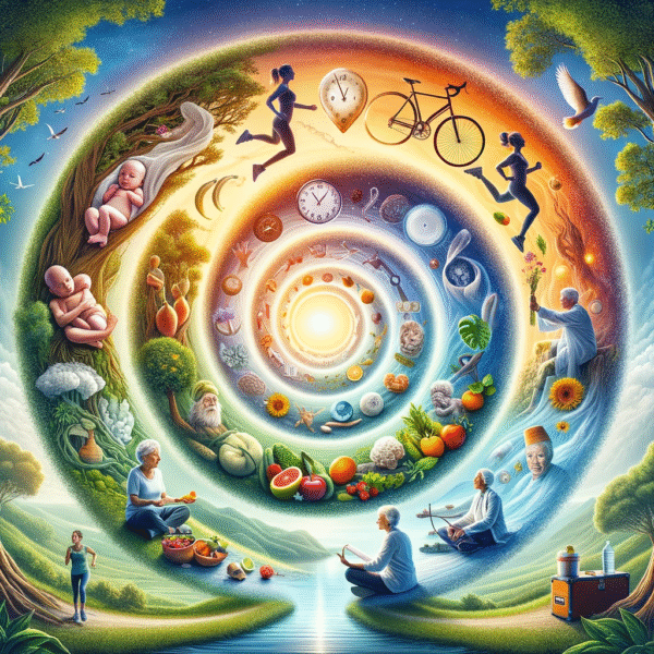 Signs You Will Live a Long Life: The Art of Longevity Illustrated from Birth to Old Age Signs You Will Live a Long Life: An illustration of life's cycle from birth to old age in a circular flow. The image begins with a newborn in a nurturing environment, transitions to a young adult enjoying a healthy meal, progresses to a middle-aged individual engaging in physical activity, moves to an older adult practicing mindfulness, and concludes with a mature adult in a health consultation. The backdrop features natural elements like trees, water, and sunlight, symbolizing a balanced, healthy lifestyle.