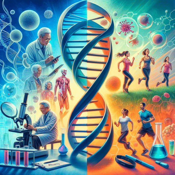 Signs You Will Live a Long Life: Uniting Science and Lifestyle in the Quest for Longevity Signs You Will Live a Long Life: An image blends scientific research with lifestyle choices to depict longevity. The left side shows a scientific laboratory with researchers examining DNA strands and biological samples, symbolizing genetic studies in lifespan. Visible are microscopes and DNA helices. The right side transitions to a vivid scene of people of various ages engaging in activities like jogging, yoga, and using fitness trackers, representing healthy lifestyle choices. The image harmoniously combines the precision of science with the vibrancy of active living, capturing the essence of longevity research and daily habits.