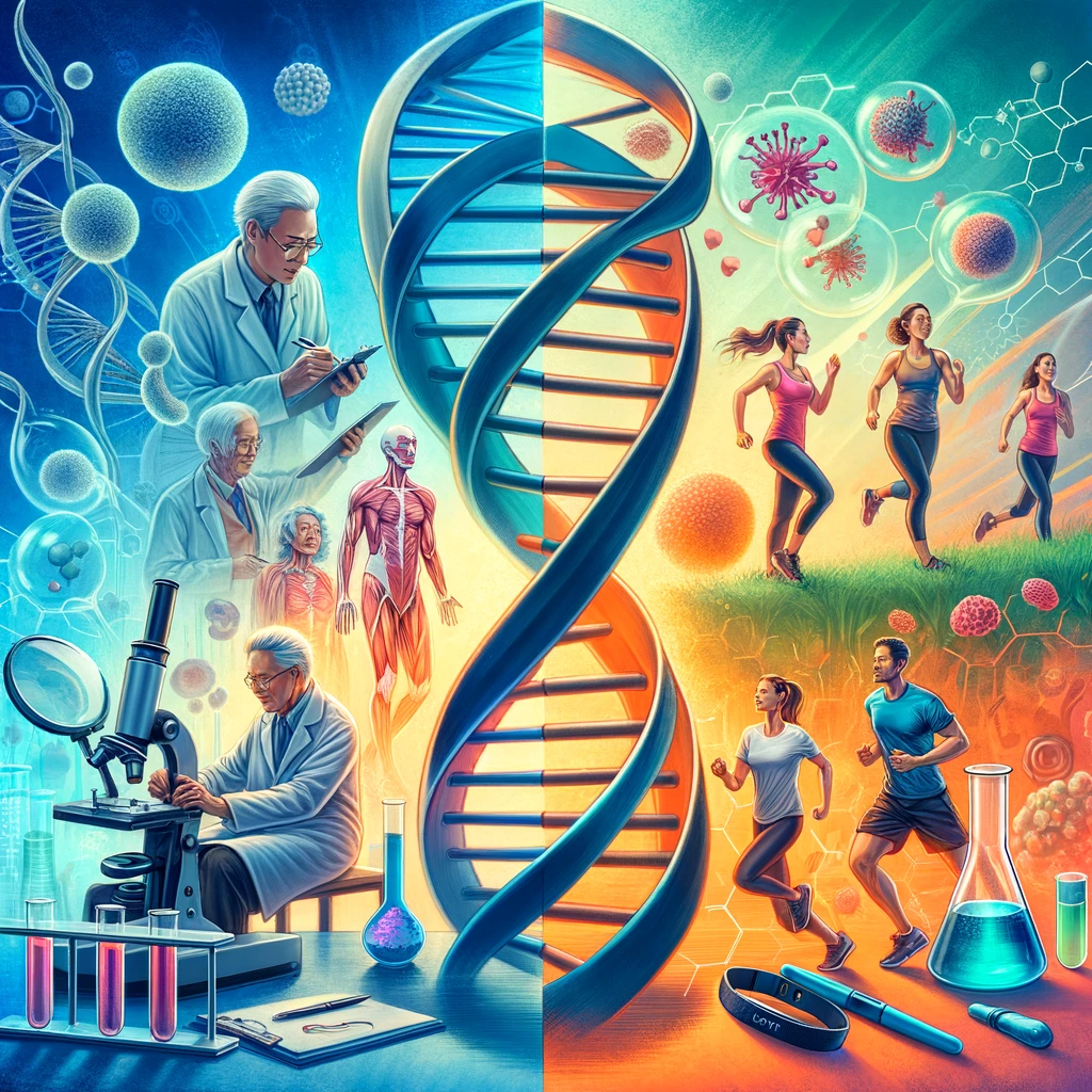 Signs You Will Live a Long Life: An image blends scientific research with lifestyle choices to depict longevity. The left side shows a scientific laboratory with researchers examining DNA strands and biological samples, symbolizing genetic studies in lifespan. Visible are microscopes and DNA helices. The right side transitions to a vivid scene of people of various ages engaging in activities like jogging, yoga, and using fitness trackers, representing healthy lifestyle choices. The image harmoniously combines the precision of science with the vibrancy of active living, capturing the essence of longevity research and daily habits.