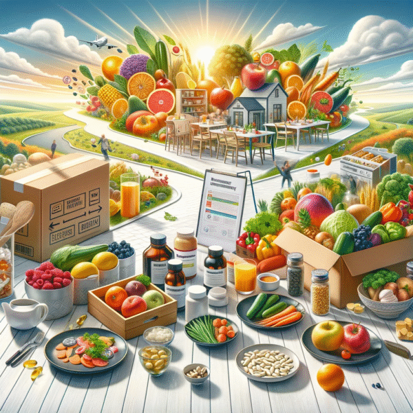 Exploring the Link Between Diet and Longevity: A Vibrant Visualization of Healthy Eating and Supplements Image depicting the themes of diet and longevity in a kitchen setting. The scene is filled with a variety of foods from the Mediterranean diet, including colourful fruits, vegetables, and sources of healthy fats. One section of the image showcases meal kit services with boxes of fresh ingredients and prepared meals, emphasizing convenience in maintaining a healthy diet. Another area features supplements like Omega-3 capsules and antioxidant-rich foods, highlighting their role in supporting long-term health and wellness. The vibrant and inviting atmosphere celebrates the link between nutritious eating and longevity.