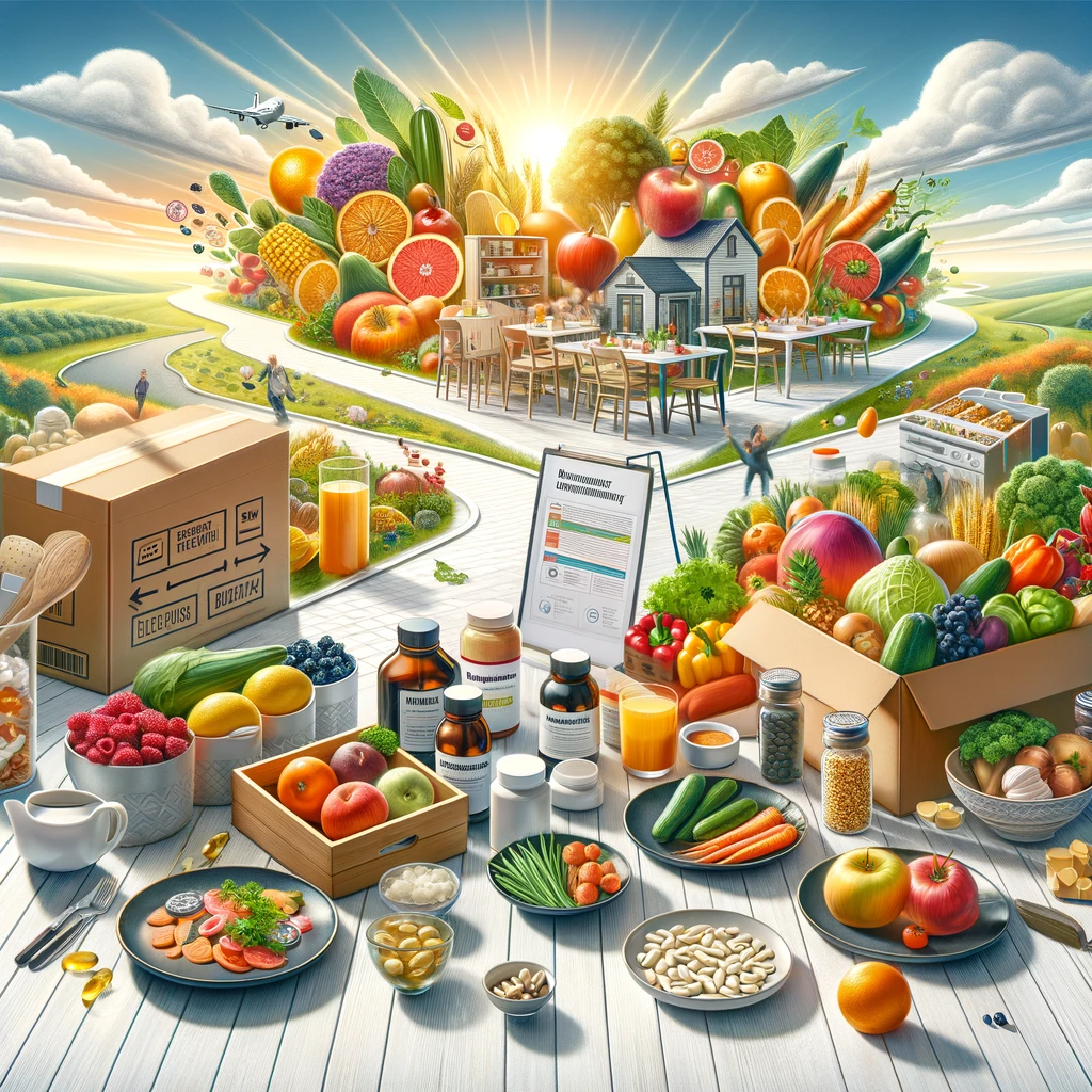 Image depicting the themes of diet and longevity in a kitchen setting. The scene is filled with a variety of foods from the Mediterranean diet, including colourful fruits, vegetables, and sources of healthy fats. One section of the image showcases meal kit services with boxes of fresh ingredients and prepared meals, emphasizing convenience in maintaining a healthy diet. Another area features supplements like Omega-3 capsules and antioxidant-rich foods, highlighting their role in supporting long-term health and wellness. The vibrant and inviting atmosphere celebrates the link between nutritious eating and longevity.