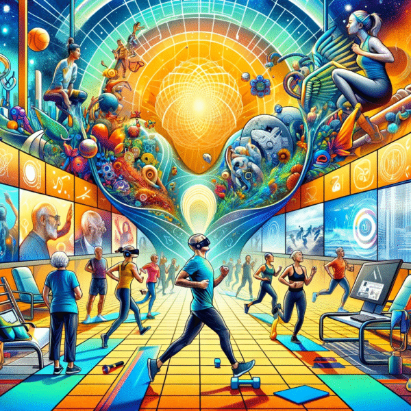 Embracing Longevity Through Exercise: A Dynamic Fusion of Traditional Fitness and VR Technology The image depicting the vibrant role of physical activity in longevity is divided into two parts. The first part shows various people engaging in activities like jogging, yoga, and stretching, highlighting the importance of regular exercise. Visible are yoga mats and ergonomic furniture, creating a wellness-inspired environment. The second part features individuals immersed in V.R. fitness games, showcasing the blend of technology and exercise. The background is dynamic and colourful, evoking movement and vitality, symbolizing the fusion of traditional physical activities with technological advancements in fitness for enhanced longevity.