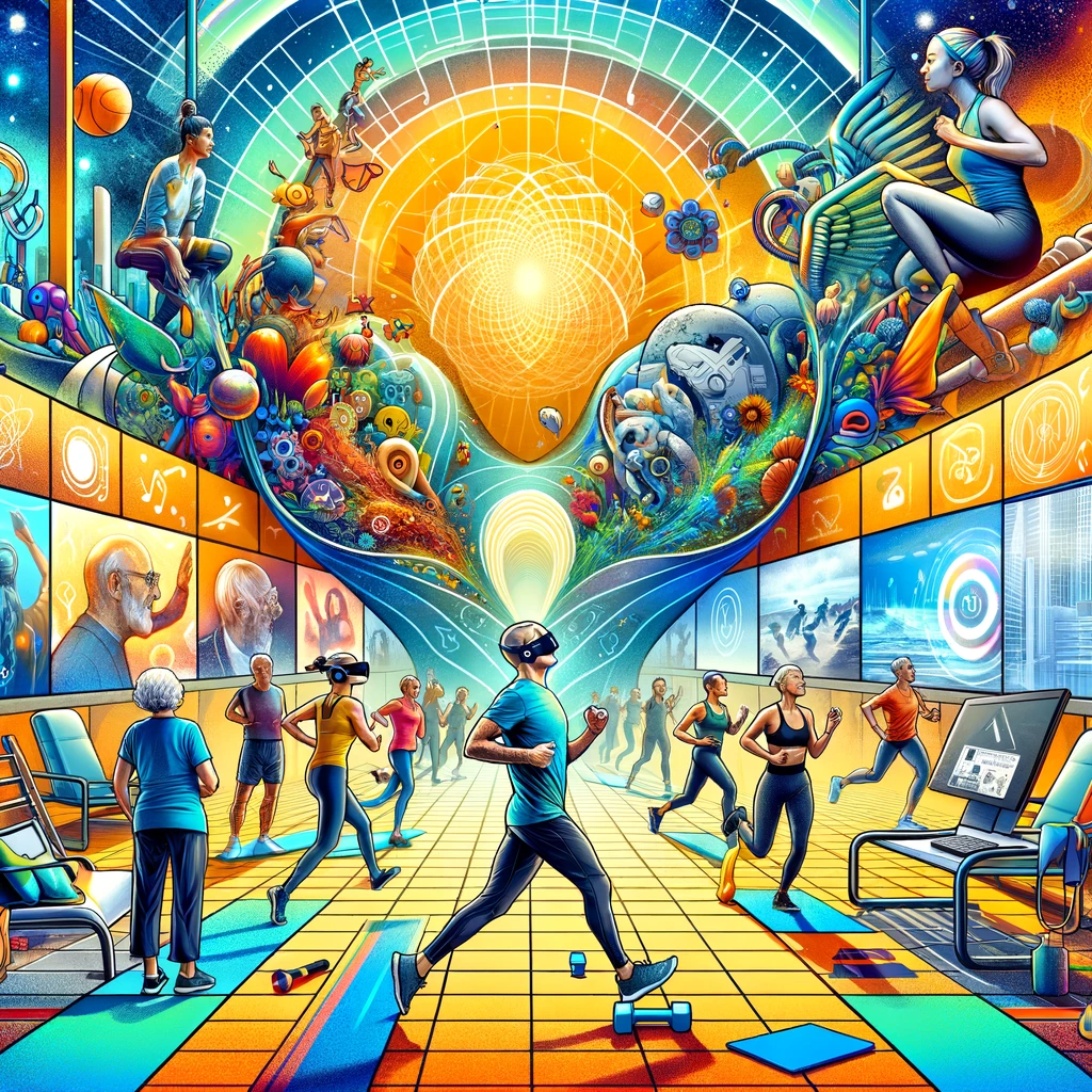 The image depicting the vibrant role of physical activity in longevity is divided into two parts. The first part shows various people engaging in activities like jogging, yoga, and stretching, highlighting the importance of regular exercise. Visible are yoga mats and ergonomic furniture, creating a wellness-inspired environment. The second part features individuals immersed in V.R. fitness games, showcasing the blend of technology and exercise. The background is dynamic and colourful, evoking movement and vitality, symbolizing the fusion of traditional physical activities with technological advancements in fitness for enhanced longevity.