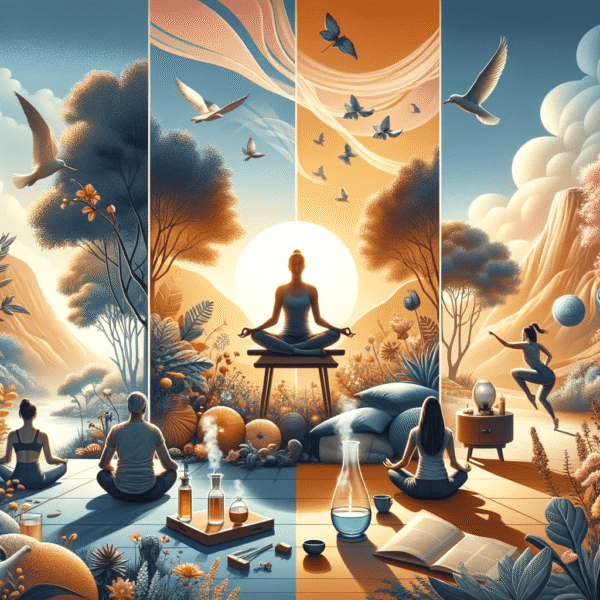 Signs You Will Live a Long Life: Harmonizing Mental Wellness and Stress Management for Lifelong Vitality Signs You Will Live a Long Life: An image illustrating the crucial role of physical activity in longevity. The scene is divided into two sections. The first features various individuals engaged in physical activities like jogging, yoga, and stretching, emphasizing the significance of regular exercise for a healthy life. The second section portrays the innovative use of technology in fitness, with people participating in V.R. fitness games, blending traditional exercise with modern advancements. The vibrant and dynamic background enhances the movement and vitality theme, visually representing physical activity's positive impact on lifespan.