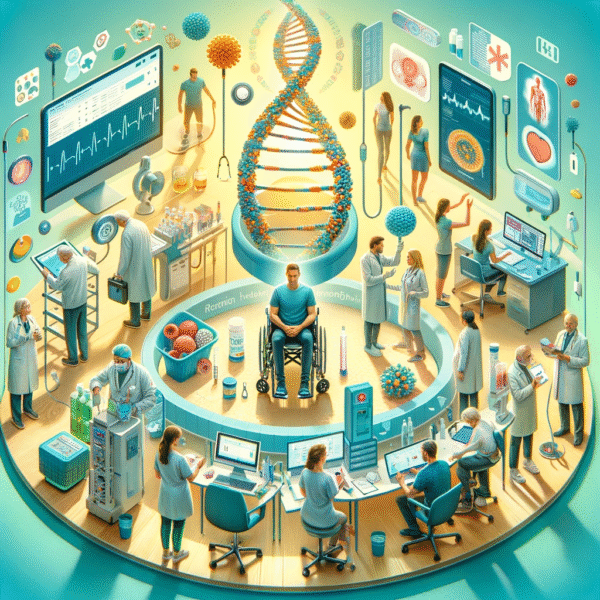 Integrating Health Screenings, Telemedicine, and Genetics: A Comprehensive Approach to Longevity Image showcasing the themes of regular health monitoring, genetics, and personalized health insights in the context of longevity. The scene is divided into three parts: The first features a clinical setting with individuals undergoing health screenings and check-ups, highlighted by medical equipment and healthcare professionals, emphasizing proactive healthcare. The second part depicts people engaging with telemedicine, using digital devices for virtual healthcare consultations, symbolizing the modern accessibility of health services. The third section illustrates individuals exploring their genetic makeup using genetic testing kits, reflecting the personalization of health insights. The vibrant and engaging image conveys the importance of integrating medical care, technology, and genetics for a long, healthy life.