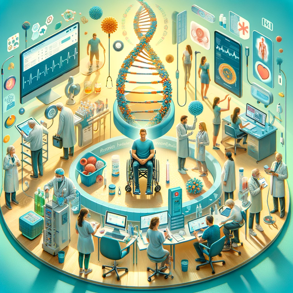 Image showcasing the themes of regular health monitoring, genetics, and personalized health insights in the context of longevity. The scene is divided into three parts: The first features a clinical setting with individuals undergoing health screenings and check-ups, highlighted by medical equipment and healthcare professionals, emphasizing proactive healthcare. The second part depicts people engaging with telemedicine, using digital devices for virtual healthcare consultations, symbolizing the modern accessibility of health services. The third section illustrates individuals exploring their genetic makeup using genetic testing kits, reflecting the personalization of health insights. The vibrant and engaging image conveys the importance of integrating medical care, technology, and genetics for a long, healthy life.