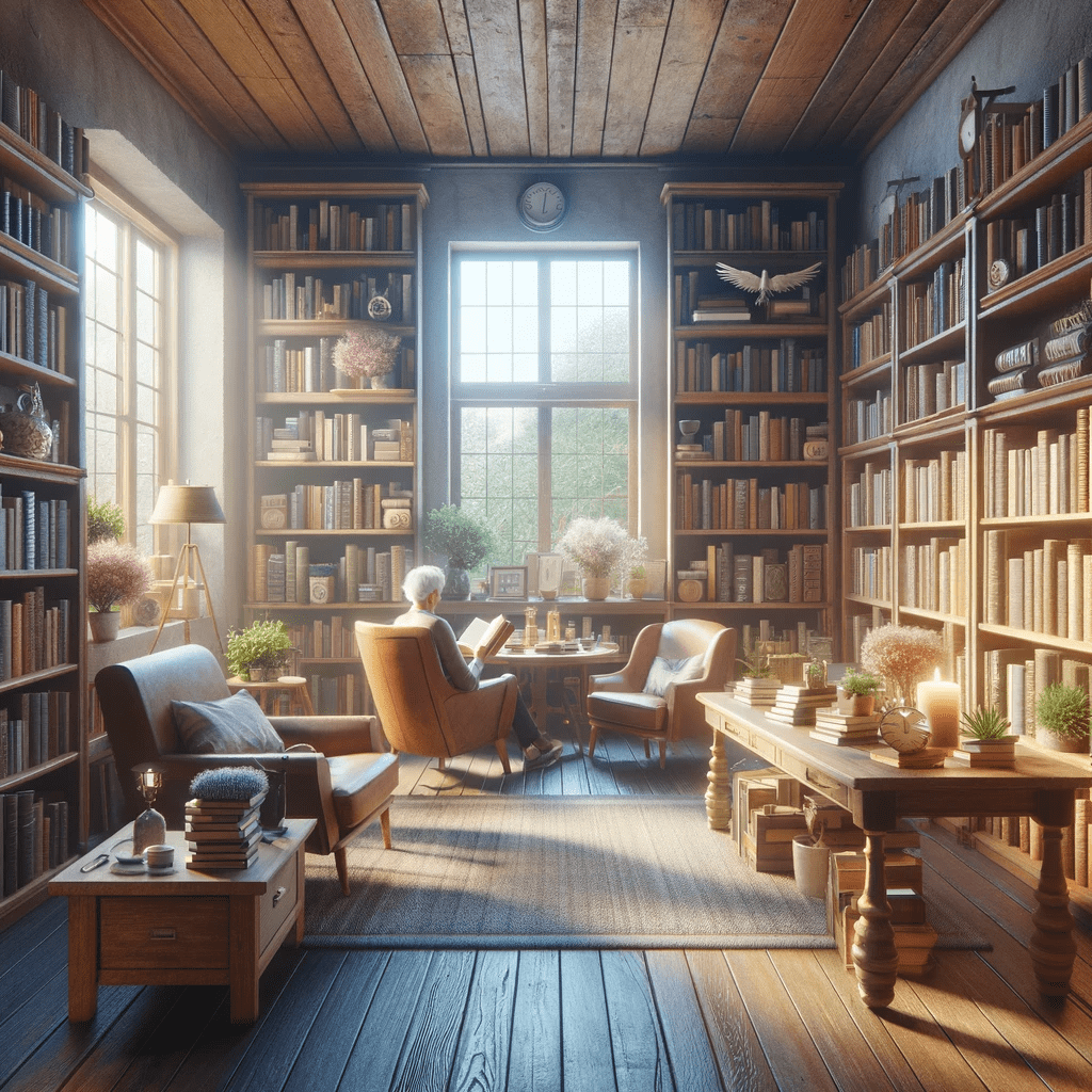 Signs You Will Live a Long Life: An image depicting a cozy and inviting library setting dedicated to exploring resources on longevity and well-being. The scene is filled with shelves brimming with books on nutrition, longevity, and wellness. In the center, a comfortable reading area with armchairs and a table is highlighted, where a person is deeply engaged in reading, symbolizing the pursuit of knowledge in these fields. The warm ambiance of the room, enhanced by soft lighting and a window showing a tranquil outdoor scene, reflects the enriching and peaceful experience of learning about longevity and well-being. This image captures the essence of curiosity and the joy of discovery in the journey toward a long and healthy life.